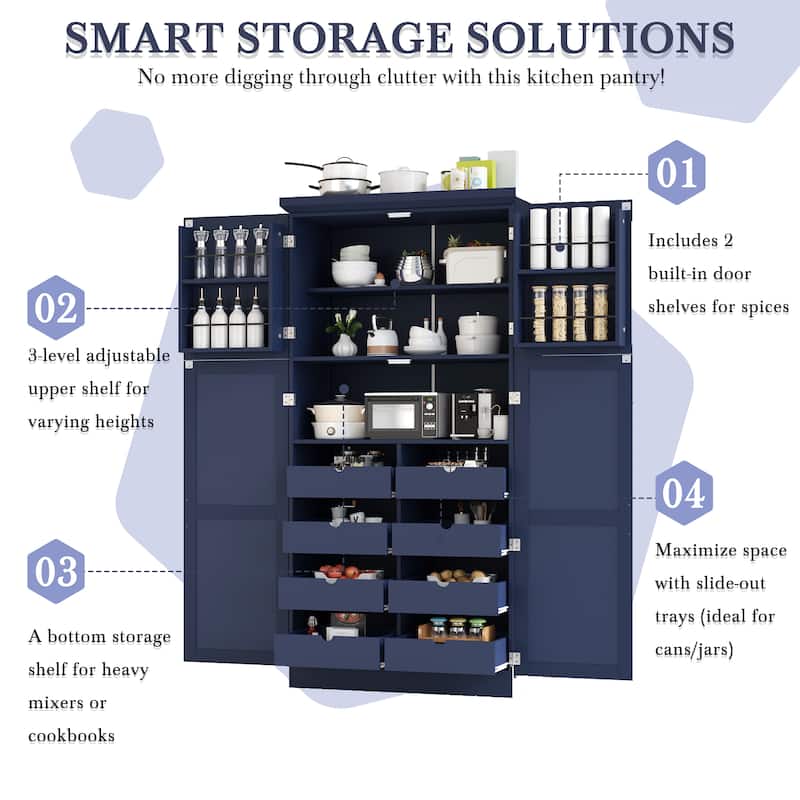 Tall Kitchen Pantry Cabinet with Pull-Out Trays - 35.5" 4-Door Storage Unit, Adjustable Shelves for Dining Room