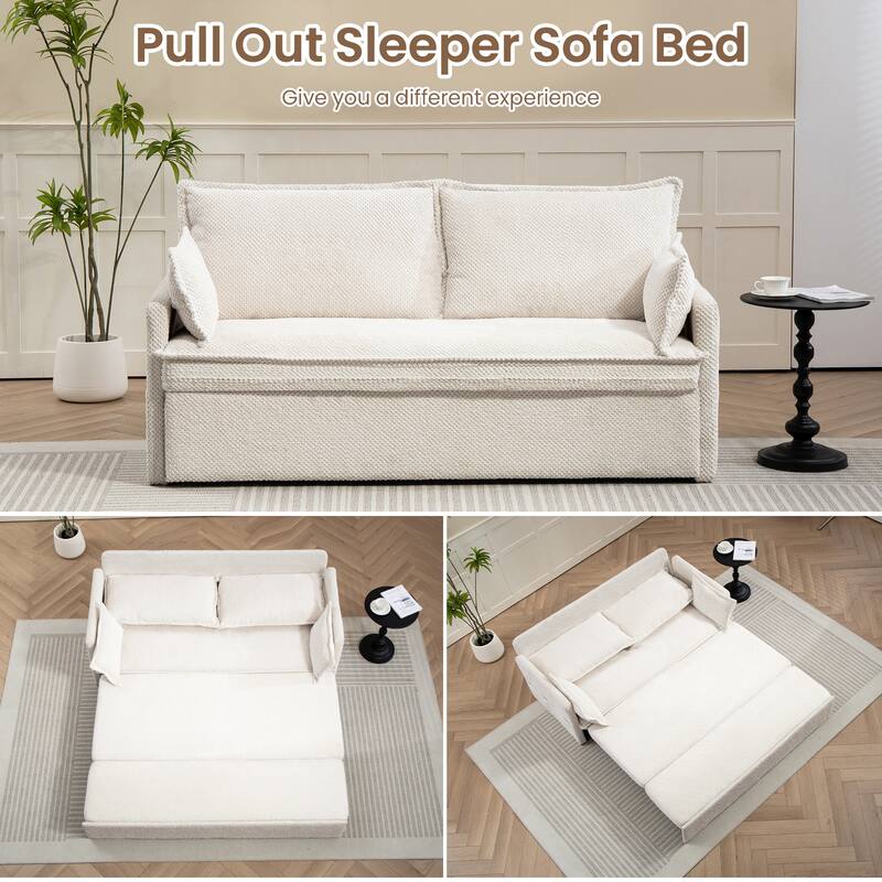 59.5" Ergonomic Sofa Bed with Storage & Charging - Supportive Chenille Convertible Sleeper, 800lb Capacity, Side Pockets