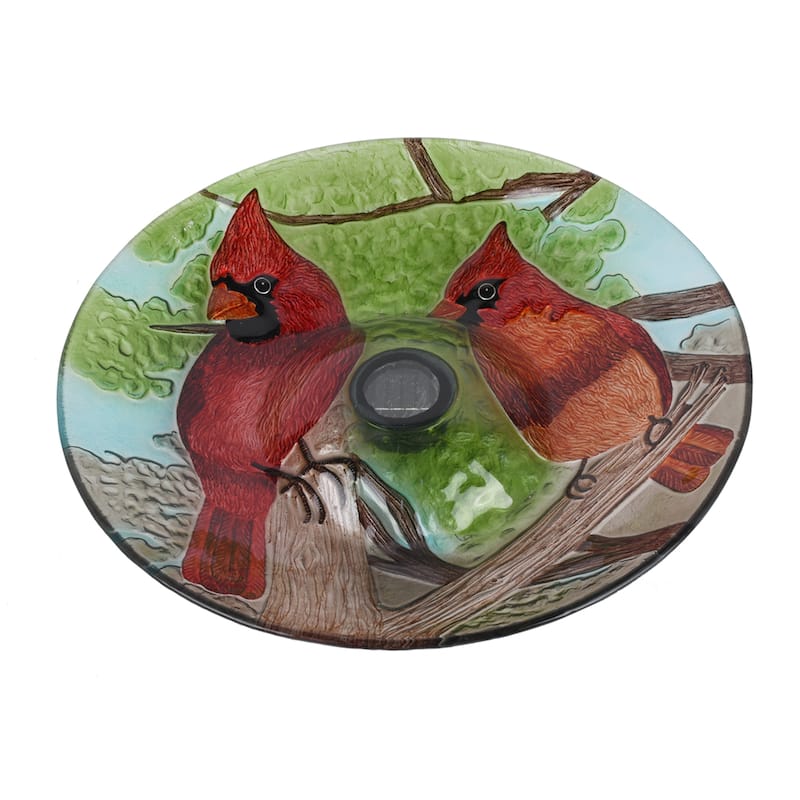 21" Red and Green Cardinals Outdoor Glass Solar Bird Bath with Stand