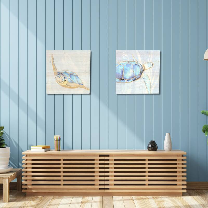 Swimming Sea Turtle Wooden Wall Art - Blue and Beige - 15.75" x 15.75"