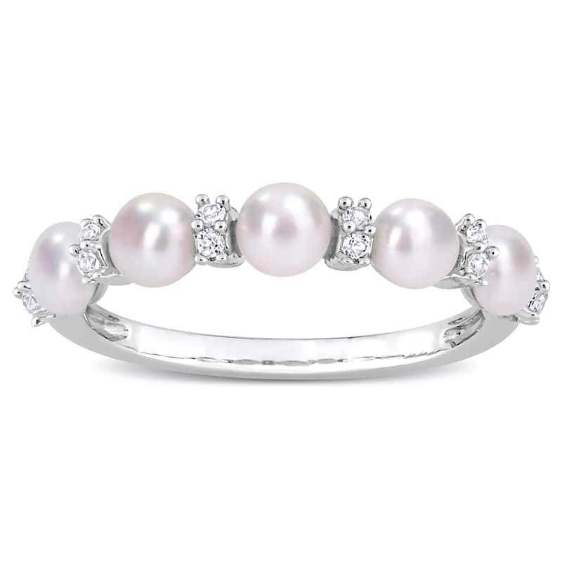 Miadora Sterling Silver Freshwater Cultured Pearl & White Topaz 5-Stone Semi-Eternity Ring (3.5-4mm)
