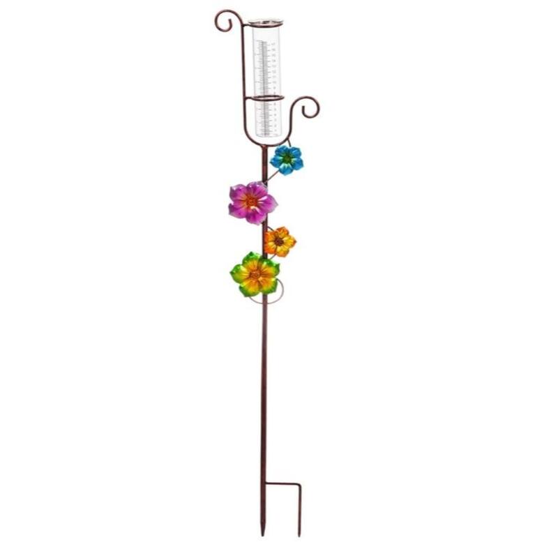 42"H Climbing Flower Rain Gauge, Pink/Green