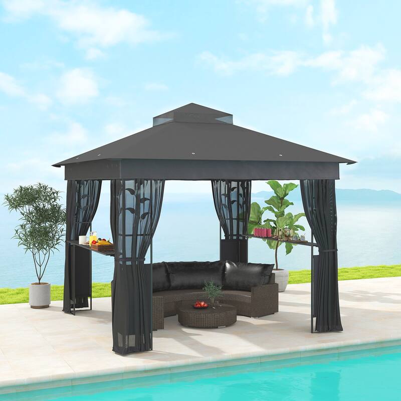 Dark Gray Deck Gazebo with Powder-Coated Metal Frame PA-Coated Polyester Roof Mesh Netting Double Roof