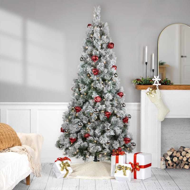 Pre-Lit Snowy Bristle Pine with Ornaments Artificial Christmas Tree - 6' - Clear Lights
