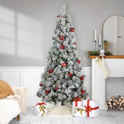 Pre-Lit Snowy Bristle Pine with Ornaments Artificial Christmas Tree - 6' - Clear Lights