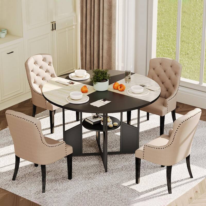 59" Round Dining Table for 4–6, Wood Pedestal Kitchen Table with Adjustable Feet, Farmhouse Style for Dining Room