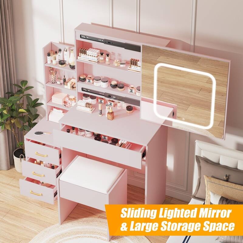 Vanity Desk with Sliding Mirror, Charging Station, 4 Drawers, Shelves, Stool
