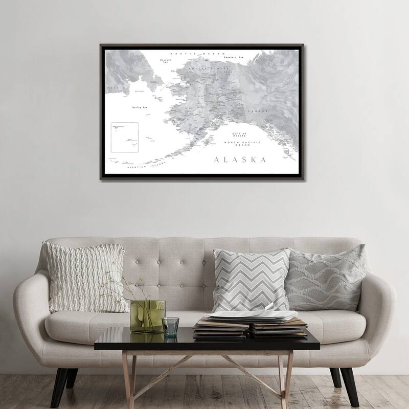 iCanvas "Gray Watercolor Detailed Map Of Alaska" by blursbyai Framed