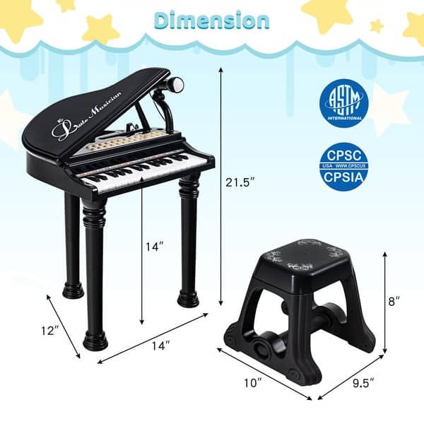 31 Keys Kids Piano Keyboard with Stool and Piano Lid - 14" x 12" x 21.5"