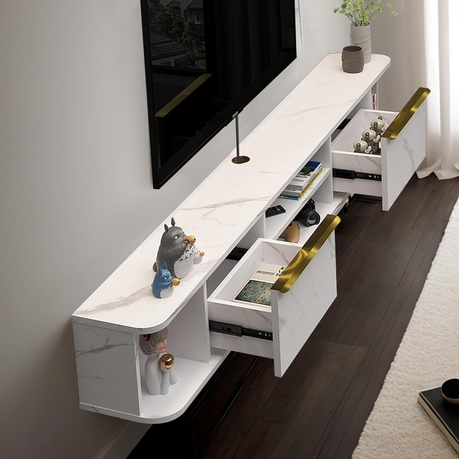 Wall Mounted TV Shelf with 2 Drawers, 63'' Floating Console for Bedroom Living Room