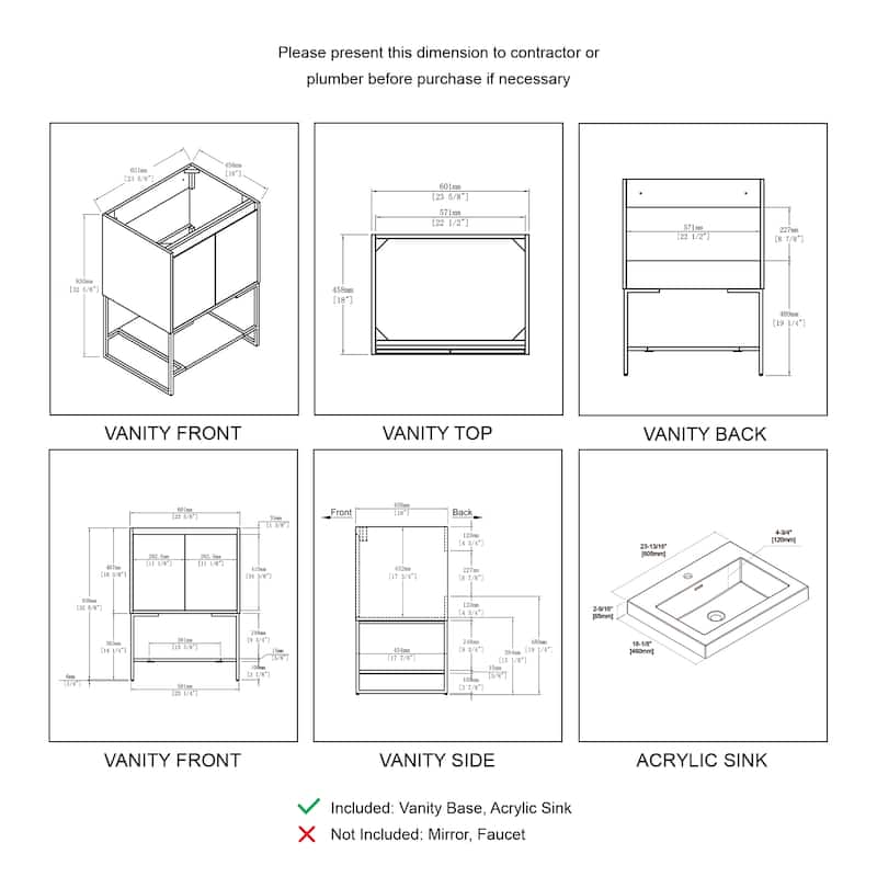 Freestanding Bathroom Vanity Set with Open Shelf & Acrylic Sink