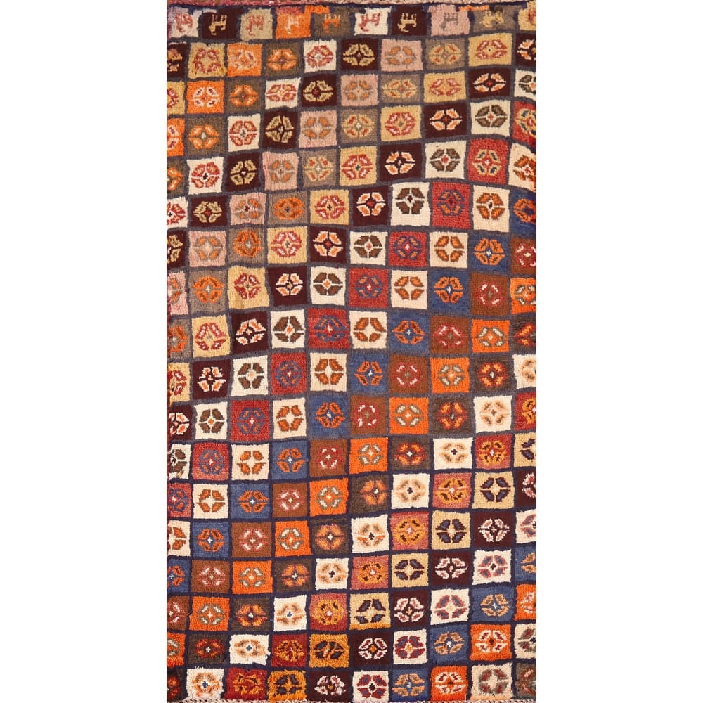 Checkered Gabbeh Persian Vintage Runner Rug Handmade Wool Carpet - 2'1"x 4'9"