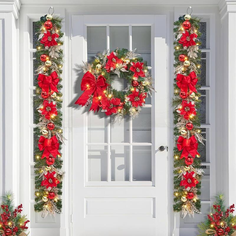24 Inch PVC Christmas Wreath, Red Bow Garland for Front Door - N/A