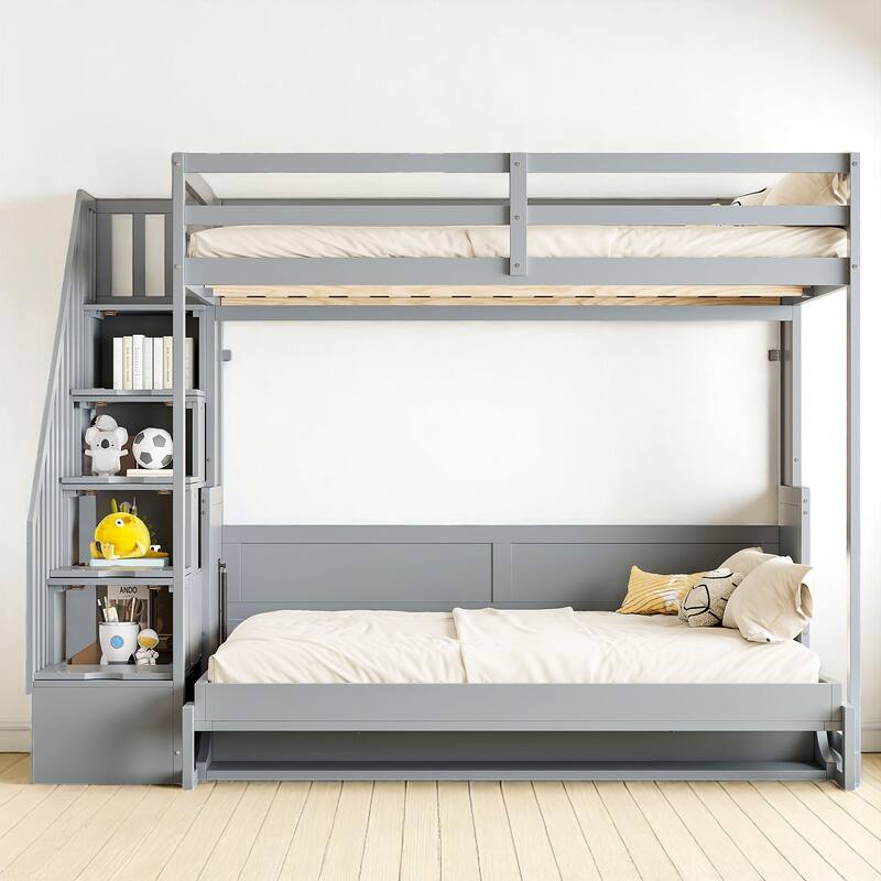 Full Size Wall Murphy Bed with Loft & Bunk Conversion, Hydraulic Lift, Hidden Desk, and Storage Steps