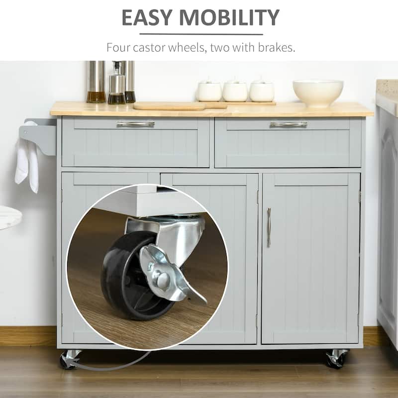 HOMCOM 48" Modern Kitchen Island Cart on Wheels with Storage Drawers, Rolling Utility Cart with Adjustable Shelves, Cabinets