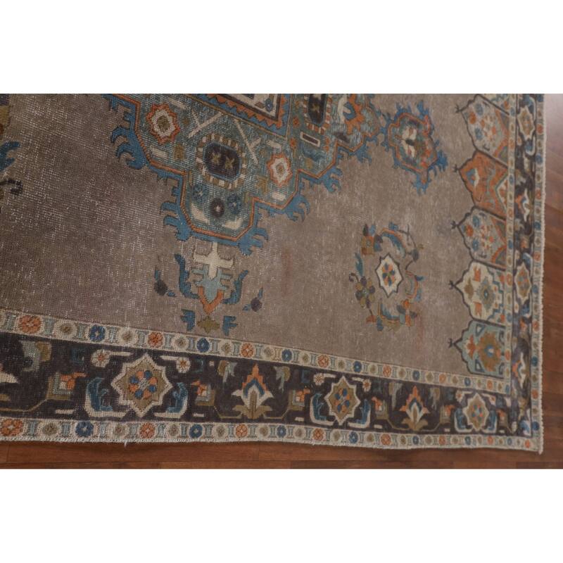 Brown Geometric Tabriz Vintage Rug Handmade Wool Carpet - 6'3"x 9'6"