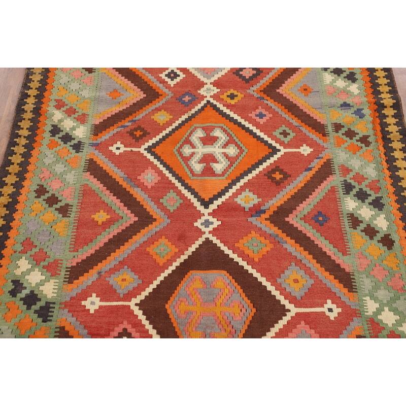 Kilim Qashqai Persian Vintage Rug Flatweave Orange Wool Carpet - 5'0"x 8'11"