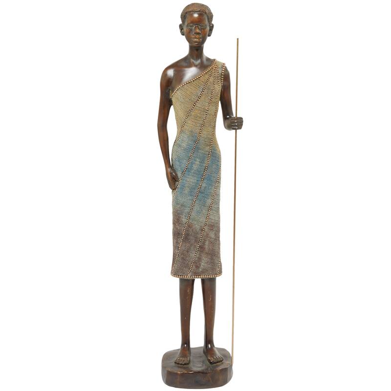 Brown Polystone Primitive African Mask and Standing African Woman Sculpture Wall Decor