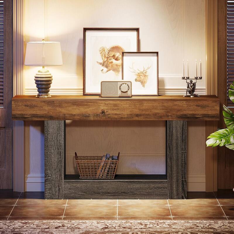 63" Farmhouse Console Table with Storage Rustic Brown & Gray Wood