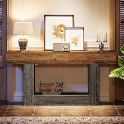 63" Farmhouse Console Table with Storage Rustic Brown & Gray Wood