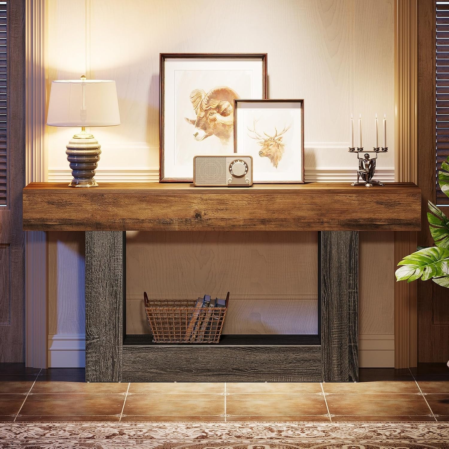 63" Farmhouse Console Table with Storage Rustic Brown & Gray Wood