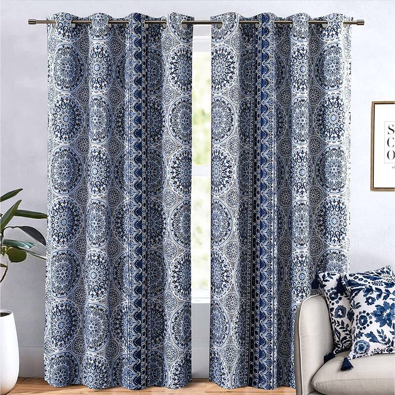 DriftAway Delfina Medallion Floral Watercolor Texture Printed Pattern Lined Blackout Window Curtain - 52"width X 84 "length - 52"width X 84 "length - Navy Blue