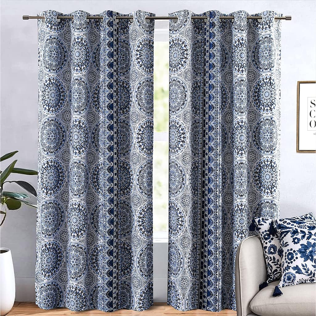 DriftAway Delfina Medallion Floral Watercolor Texture Printed Pattern Lined Blackout Window Curtain - 52"width X 84 "length