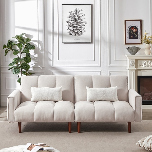 Fabric Linen Upholstered Futon Sofa bed with Wooden Legs and 2 Pillows On Sale Bed Bath Beyond 38207178