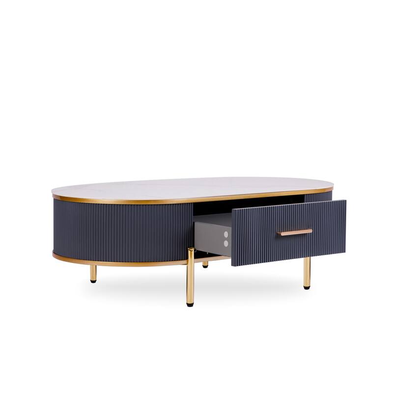 Modern Coffee Table White/Gray Sintered Stone Top & Gold With Drawer
