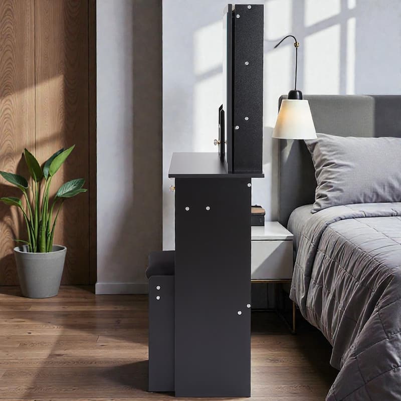 Small Space Vanity Table with Sliding Mirror and Stool, 29.2 Inch Makeup Dresser with Drawer Storage