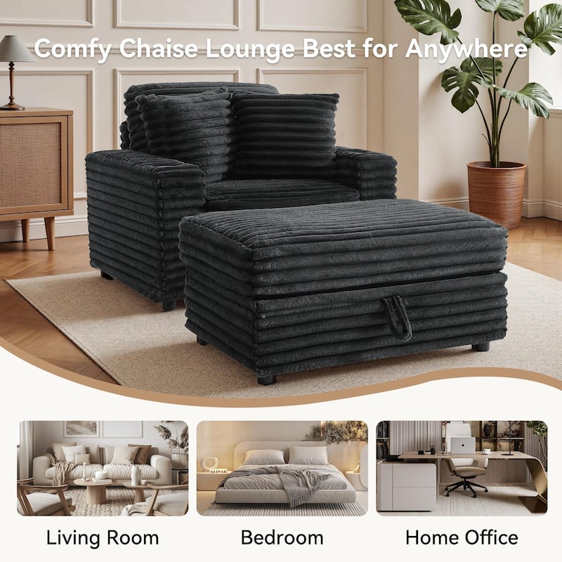 37" W Upholstered Chaise Lounge Accent Chair with Storage Ottoman