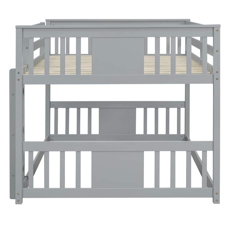 Low Bunk Beds Full Over Full Wood Bunk Bed Frame Floor Bunkbed for Kids Toddlers Boys Girls Teens' Bedroom Dorm