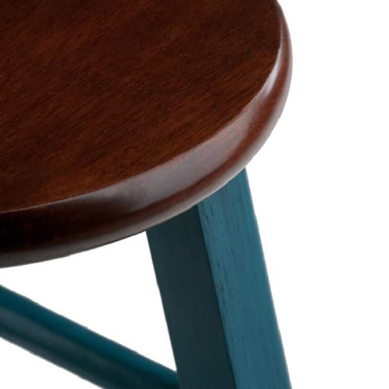 29" teal blue round counter barstool with walnut seat