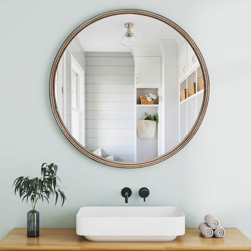 23.62" Sliding Round Wall Mirror with Storage Shelves - 2-Tier Wooden Side Cabinet, Space-Saving Hanging Mirror