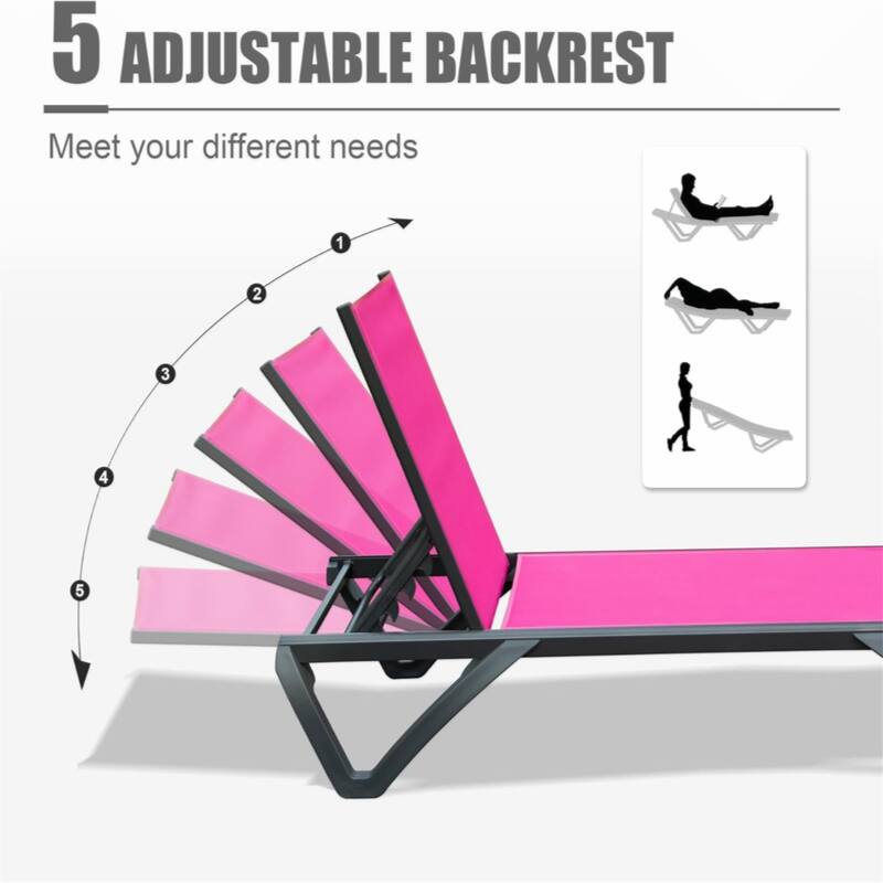 2 Pieces Aluminum Plastic Patio Chaise Lounge with 5 Position Adjustable Backrest and Wheels