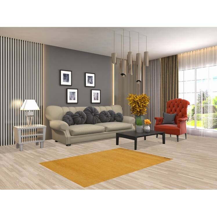Yellow Gold Modern Gabbeh Oriental Foyer Rug Handmade Wool Carpet - 3'4"x 4'10"