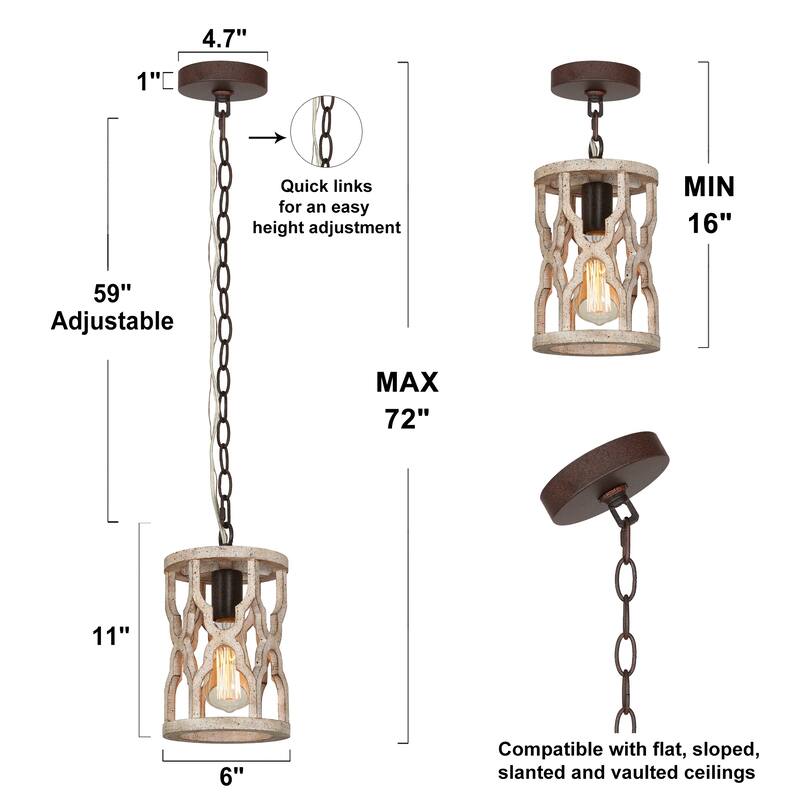 Farmhouse 1-Light Rustic Wood Pendant Light for Kitchen Island Dining Room - 6'' L x 6'' W x 11'' H
