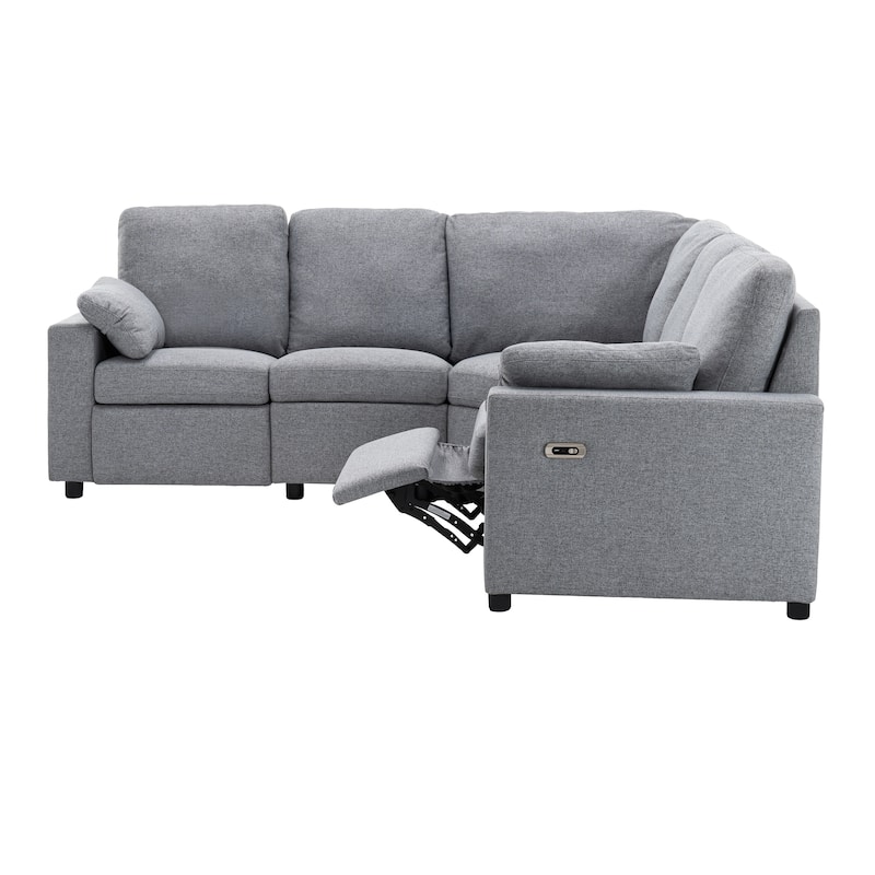 88.9" Linen Power Recliner Sectional 5-Seat Sofa with USB Ports and Storage Drawers