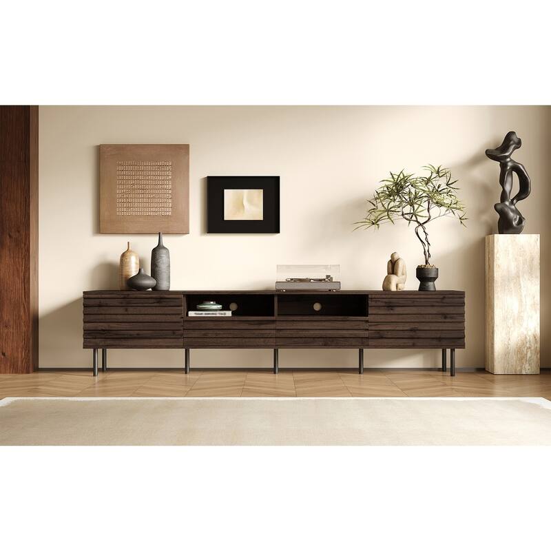 TV Stand for TVs up to 85", Entertainment Center with 2 Drawer & 2 Cabinet, Open Shelves, Wood TV Console with Cable Management