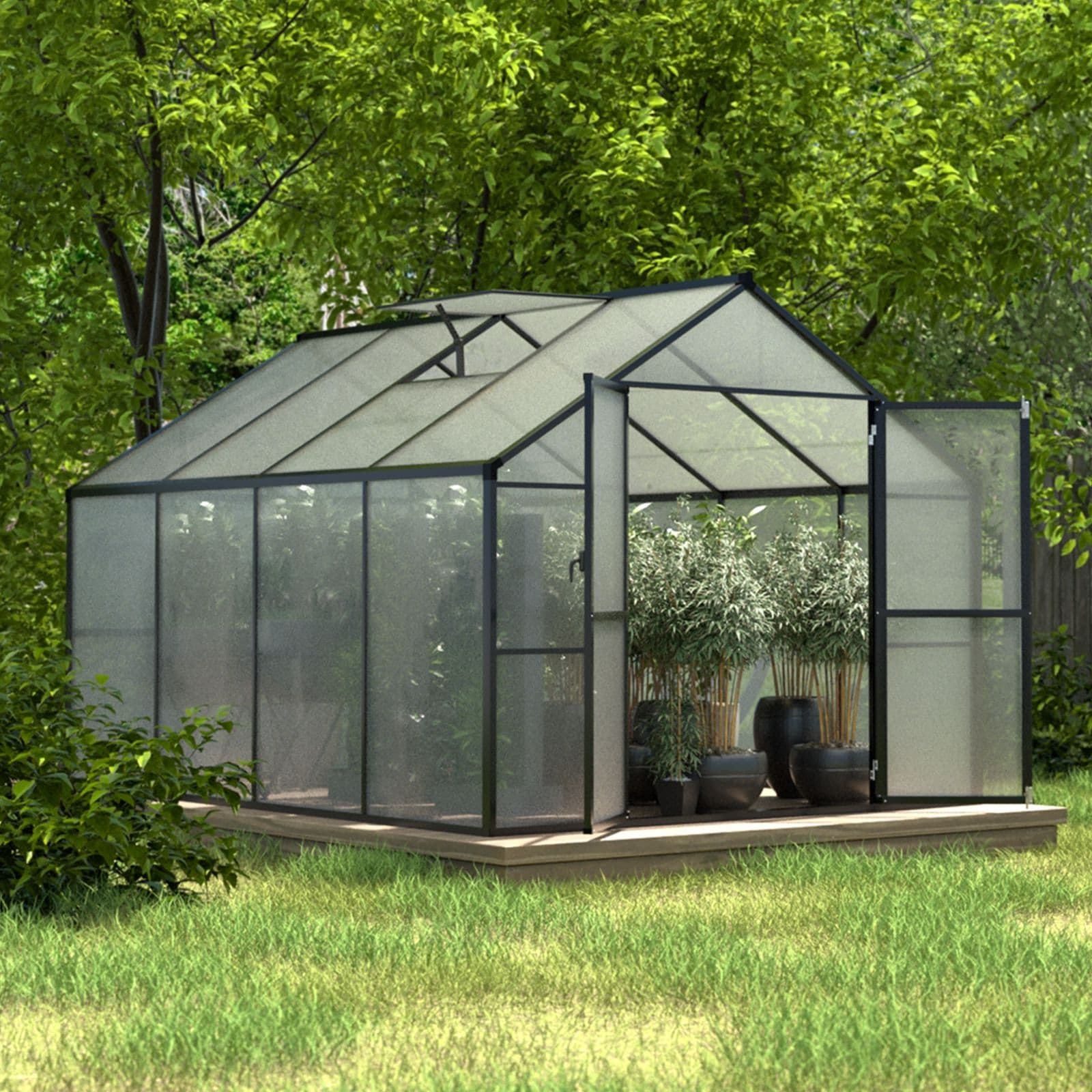 VEIKOUS Polycarbonate Walk-In Greenhouse with Adjustable Roof Vents & Lockable Door for Backyard