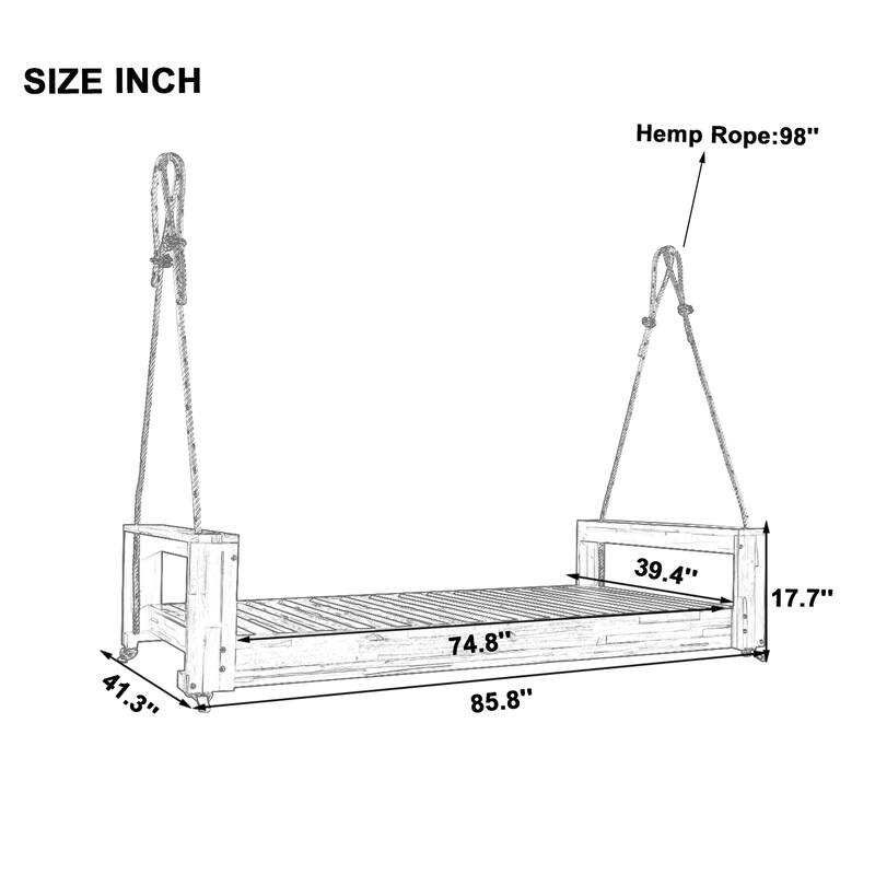 Twin Size Porch Swing Bed Seating Group, Patio Acacia Wood Swing Frame with Hemp Ropes for Garden, Backyard