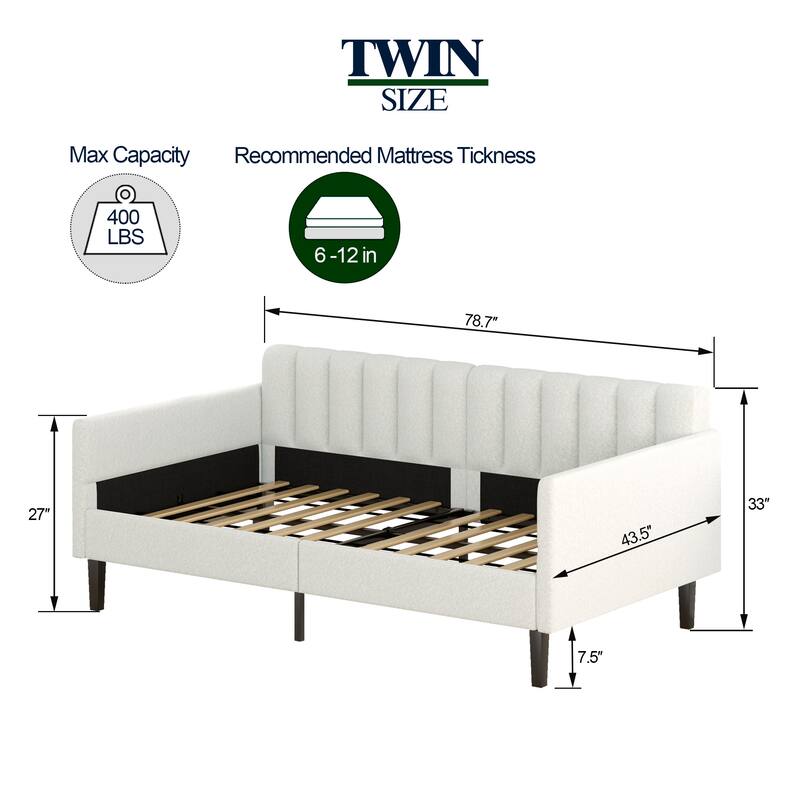 Same as Elena Twin Size Ivory Boucle Upholstered Daybed, Ribbed Tufted Backrest, Daybed in Lavish Modern Design
