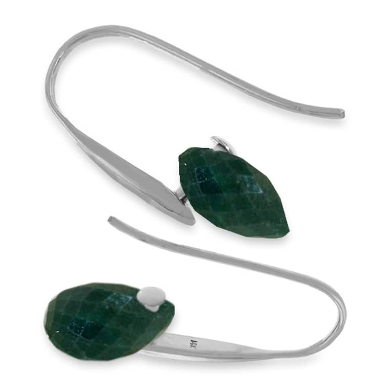 14K Solid Gold Fish Hook Earrings w/ Briolette Emerald Color Corundum