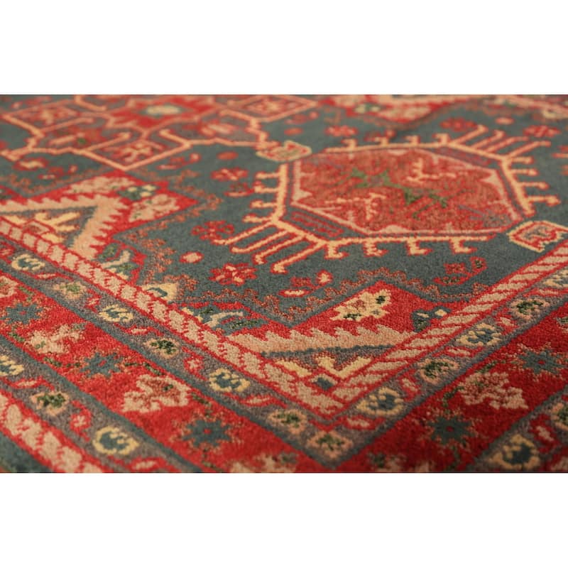 Teal Geometric Kazak Oriental Rug Hand-Knotted Wool Carpet - 4'0"x 6'0"