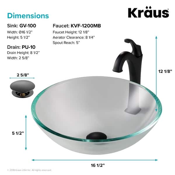 dimension image slide 4 of 5, Kraus Glass Vessel Sink, Bathroom Faucet, Pop Up Drain, Mounting Ring