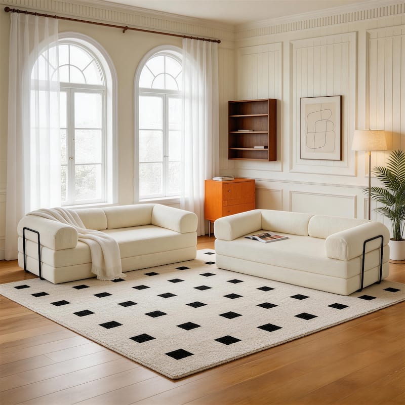 Set of 2 Corduroy Fully Compressed Convertible Sleeper Sofa with Metal Frame