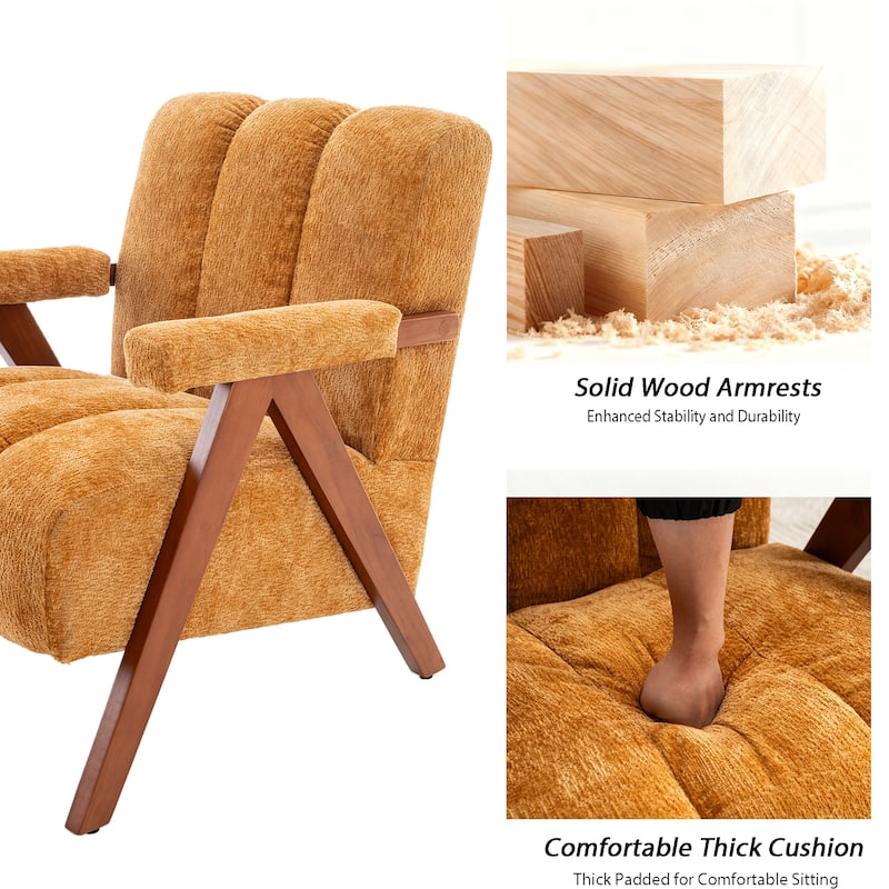 Mid Century Modern Accent Chair, Chenille Armchair with Solid Wood Legs, Channel Tufted Comfy Reading Chair for Living Room