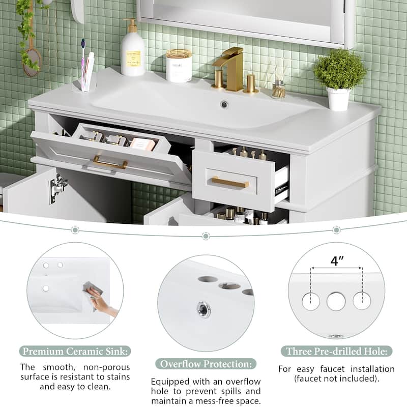 36 Inch White Bathroom Vanity with Ceramic Sink, Modern Freestanding Cabinet with Soft Close Doors and 4 Drawers