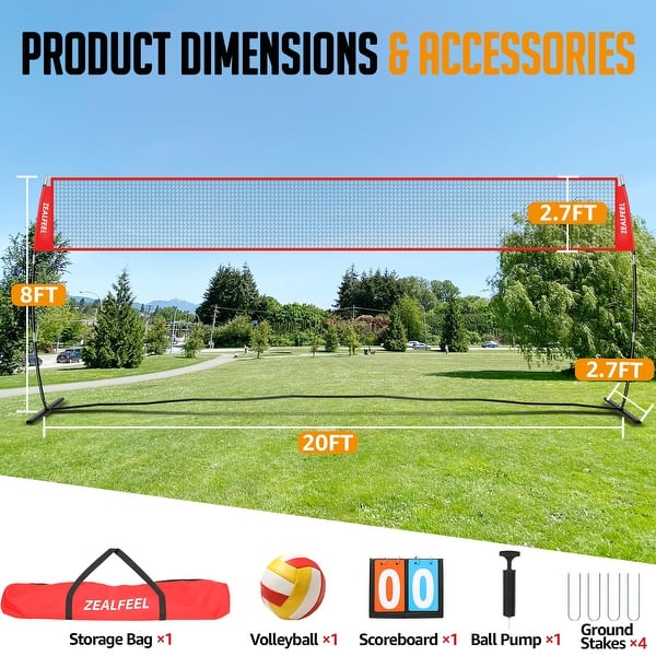 Zealfeel 12ft Volleyball Net Set: Height Adjustable Portable Training Net with Accessories and Bag