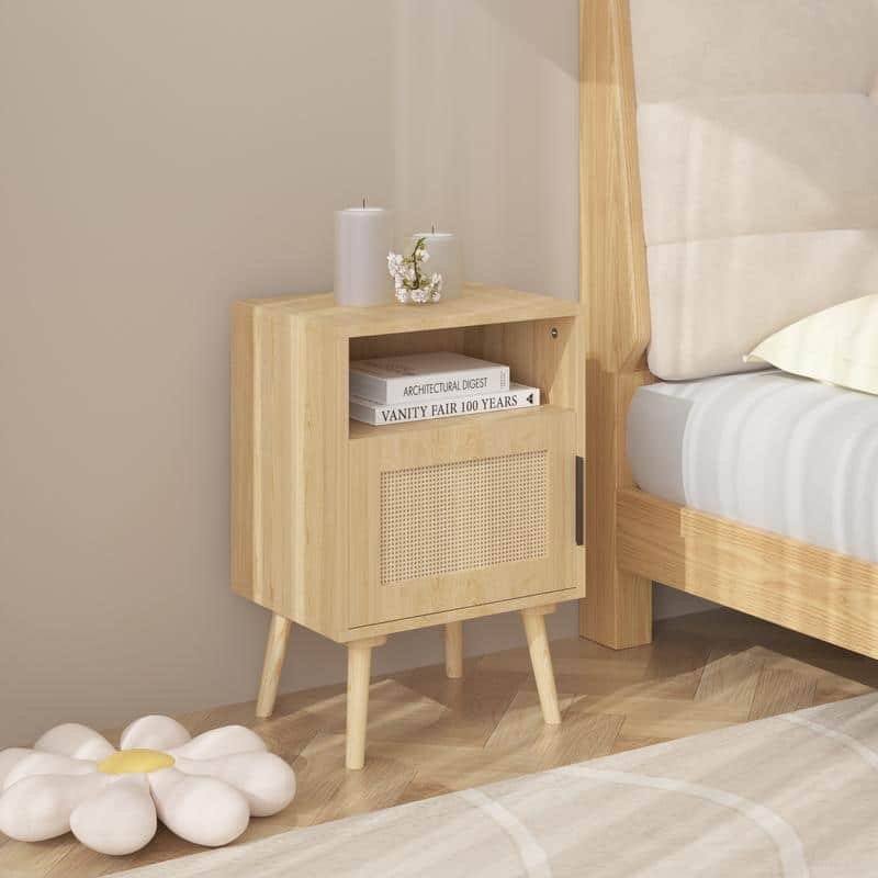 22.83" Solid Wood & Rattan Nightstand with Door, Shelf - Oak Finish Bedside End Table for Small Spaces